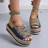 Sandaler stor storlek Kvinnor Summer Canvas Casual Single Shoes Ankle Cross Straps Fashion Muffin Flat Heels Platform 230718