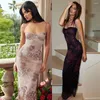 Casual Dresses Women Maxi Dress Lace Print Backless Sleeveless Strap Tight Slim Fit Low-cut Double Layers Sheath Vinatge Lady Party Prom