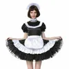 Sissy French Maid Lockable Black Satin Dress Costume Crossdress Pleated Style235w