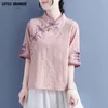 Etnisk kläder Summer bomull och plattknapp broderi färg matchande medelhylsa topp kvinnors kinesiska stil retro zen klänning