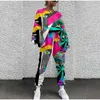 Women's Two Piece Pants Women Tracksuit Two Piece Pullovers Cloting Long Sleeve Tie-dye Print Female Tops And Elastic Waist Pants Slim Casual Streetwear 230717