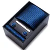 Bolo bağları% 100 ipek marka kravat mendil manşet seti erkekler için set kravat tatil hediye kutusu mavi altın takım aksesuarlar ince düğün gravatas 230717