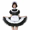 Sissy French Maid Zamknięta czarna satynowa sukienka kostium crossdress plisowany styl249r