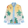 Mens Casual Shirts Yellow Casablanca Coconut Tree Flag Dog Print Shirt Blue Stripe High Quality Hawaiian Beach Thin Silk 230718