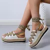 Sandaler stor storlek Kvinnor Summer Canvas Casual Single Shoes Ankle Cross Straps Fashion Muffin Flat Heels Platform 230718