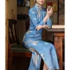 Roupas étnicas Qipao Blue Printing Cheongsam Dress Plus Size Large Middle Sleeve Tradicional Retro Cheongsams Long Oriental Woman Costume