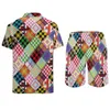 Men's Tracksuits Colorful Patchwork Men Sets Plaid Bohemian Print Casual Shorts Beach Shirt Set Funny Design Suit Short Sleeve Big Size