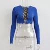 T-shirt da donna Y2k Streetwear Crop Top Blu Solido SexyHolow Out Strap Tees Manica lunga con scollo a V Top Abbigliamento donna 2023 Moda estiva