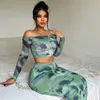 2023 Zomer Nieuwe Dames Tweedelige Jurk Set Mode Lange Mouwen Slash Neck T-shirt Crop Top En Slim Fit Wrap Hip Lange Rok 2 Stuks Sets Outfits