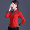 Abbigliamento etnico Cheongsam Taglie forti da donna Top 2023 Misto cotone Ricamo Giuntura Colletto alla coreana Manica lunga Camicie Qipao in stile cinese