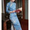 Roupas étnicas Qipao Blue Printing Cheongsam Dress Plus Size Large Middle Sleeve Tradicional Retro Cheongsams Long Oriental Woman Costume