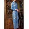 Roupas étnicas Qipao Blue Printing Cheongsam Dress Plus Size Large Middle Sleeve Tradicional Retro Cheongsams Long Oriental Woman Costume