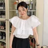 レディースブラウス韓国の夏のファッションフレンチシャツ穏やかでエレガントな斜め襟二重フリル肩のゆるい泡スリーブトップ