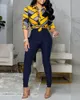 Elegantes trajes casuales para mujer, camisa con solapa de retazos de manga larga estampada, pantalones de otoño para mujer, conjunto de dos piezas de una sola botonadura de talla grande S-XL