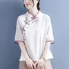 女性用Tシャツ中国スタイル刺繍半袖シャツレディースコットンスタンドカラー衣料ヴィンテージカジュアル女性ハンフトップス