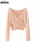 Camisolas Femininas Aproms Suéter de Malha Fofo Rosa Feminino Outono Inverno Decote em V Envolto Frente Básico Pulôver Cropped Fashion Outerwear Jumper 2022 L230718