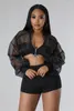 Women's Tracksuits KEXU Sheer Organza Patchwork Long Sleeve Zipper Crop Top Shorts Set Women Sexy Street See Through Two Piece Summer