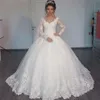 Gorgeous V-neck Ball Gown Long Sleeve Wedding Dresses 2021 Lace Applique White Bridal Gowns robe de mariage272y