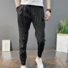 Männer Hosen Männer Harem Gestreiften Kordelzug Bleistift Hose Slim Fit Elastische Taille Stretch Knöchel Gebunden Für Herbst 230718