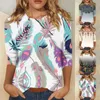 Kadın Tişörtleri 3/4 Sleeve Kadınlar İçin Sevimli Baskı Grafik Tees Bluses Sıradan Artı Boyut Basit Üstler Külkü Üst Moda Kadın Bluz