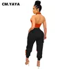 Zweiteilige Damen-Hosen CM.YAYA Frauen-Trainingsanzug Patchwork Neckholder Crop Tops Taschen Hosen Zwei 2-teilige Sets Sexy Streetwear Fashion Outfits Sommer 230717