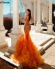 Underbara ruffles orange prom klänningar sjöjungfru sexig en axel glittrande kristaller pärlor kväll formella klänningar spett sida trumpet vestidos dubai arabiska kaftan