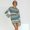 Grundläggande avslappnade klänningar WSevypo Bohemian Color Block Randig Knit Crochet Sweaters Dress Autumn Women's Long Sleeve Crew Neck Mini BodyCon Dress 230717