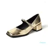 Designer Dress Shoes 2023 5CM Silver Thick Heels For Women Buckle Strap Square Toe Pumps Med Heele Patent Leather Female