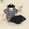 Clothing Sets Fashion Baby Girls 3PCS Summer Clothes Suit Short Sleeve Printed Plain Leather Skirt Pants Headband