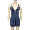 Abiti casual Zoctoo Vestito alla fasciatura con gonna a vita elasticizzata sexy con scollo a V in denim con temperamento alla moda personalizzato