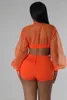 Survêtements pour femmes KEXU Sheer Organza Patchwork à manches longues Zipper Crop Top Shorts Set Femmes Sexy Street See Through Two Piece Summer