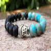 Męskie Buddha Mala Bransoletka Blue Sea Magnesite Jasper Black Onyx Bohemian Buddhist Modlitwa Ochrona Meditation Mala Male Men Brac286n