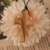 Pendant Necklaces Olive Wood Long Adjustable Black Leather Rope Necklace Cross-shape Christian Gifts For Men And Women