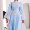 Blue A-Line O Neckline Prom Dresses Ankle-Length Puffy Sleeve Eveing Party Gown Bead Sequin Arabic Dubai robe de soiree