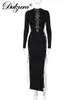 Urban Sexy Jurken Dulzura Herfst Sexy Y2K Kleding Hollow Out O-hals Lange Mouwen Side Slit Bodycon Midi Jurk Voor Vrouwen Club Party Streetwear 230717