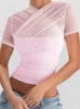T-shirt femme femmes Cross Mesh Blouse chemises à manches courtes voir à travers Slim Fit Crop hauts 2023 été Sexy rétro mode Y2K haut et chemisiers 230718