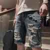 Jeans pour hommes Trous déchirés Short en jean Streetwear Taille mi-haute Jambe droite Longueur au genou avec poches Fermeture à glissière