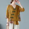 Roupa étnica 2023 Chinês Vintage Hanfu Tops Estampado Flor Nacional Blusa de Linho de Algodão Serviço Oriental com Decote em V Camisa Retro Zen