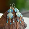 Boucles d'oreilles pendantes naturel Hetian Jade pour femmes couleur argent émail porcelaine papillon gland chinois rétro Hanfu bijoux accessoires