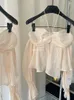 Kadın Bluzları 2023 Yaz Fransız Retro Düz Renk Kadın Şifon Gömlek Piled Slash Boyun Tasarımı Kadın Vintage Fırfır Kravat Zerafet