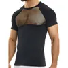 Camisetas masculinas Sexy See Through Mesh Patchwork Shirt Men Summer Short Sleeve O Neck Fashion Slim Tops For Men Transparent T-Shirts