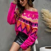 Women's Sweaters Womens Fluorescent Powder Sweater Spring Autumn Raglan Sleeve Geometric Jacquard Casual Loose Knitted Pullover Tops Jumpers L230718