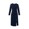 Casual Dresses Navy Dress 2023 Spring And Autumn Style High Waist Closing Slim Temperament Long Sleeve Split Skirt