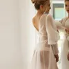 Roupão de banho de noiva de manga comprida com decote em V fenda frontal sexy robe de noite para casamento transparente organza roupa de dormir de noiva