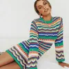 Robes décontractées basiques wsevypo Bohemian Color Block Striped Knit Crochet Pulls Dress Autumn Women's Long Sleeve Crew Neck Mini Bodycon Dress 230717