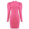 Casual Jurken Cocktailjurk Voor Vrouwen Winter Elegante Lange Mouwen Coltrui Hoge Taille Roze Mini Bandage Avondfeest Vestidos