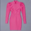 Casual Jurken Cocktailjurk Voor Vrouwen Winter Elegante Lange Mouwen Coltrui Hoge Taille Roze Mini Bandage Avondfeest Vestidos