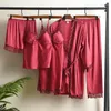 Roupa de dormir feminina conjunto de pijama com acabamento em renda e alça superior 5 peças roupa de dormir primavera outono cetim sexy decote em v roupa de dormir com sutiã para uso doméstico