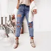 Women's Jeans Denim Button High Waist Pocket Elastic Hole Trousers Slim Pants 90s Vintage Clothes