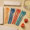 Dinnerware Sets Portable Reusable Spoon Fork Chopsticks Knife Wheat Straw Tableware Cutlery Set Travel Picnic Camping Kits Kitchen